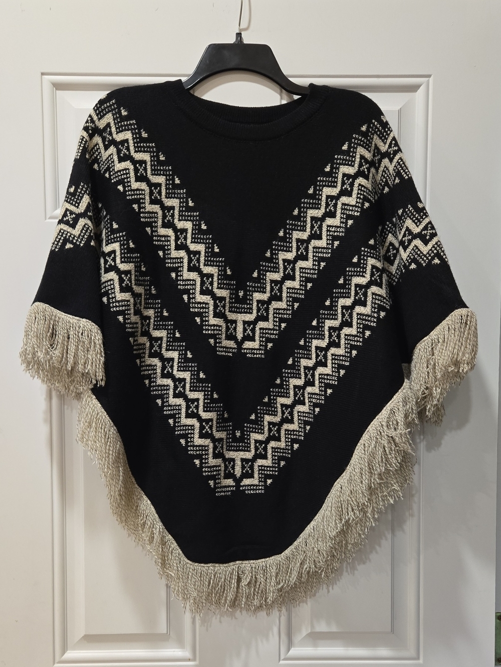 David and Young Black and Cream Fringe Poncho Sweater